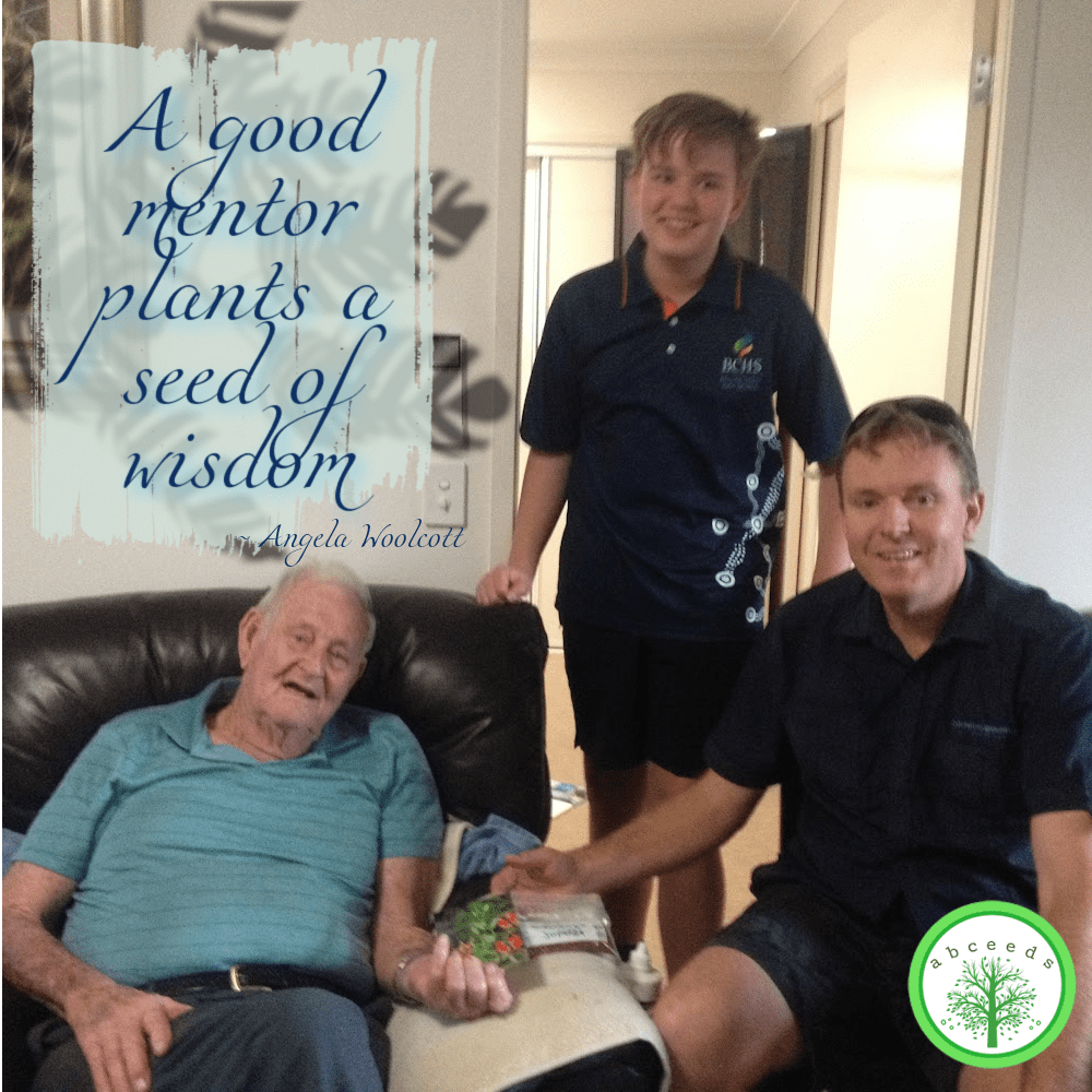 Photo of the late Don Ellison OAM, Toby and Brad Woolcott, with an inspirational quote: 'A good mentor plants a seed of wisdom.'