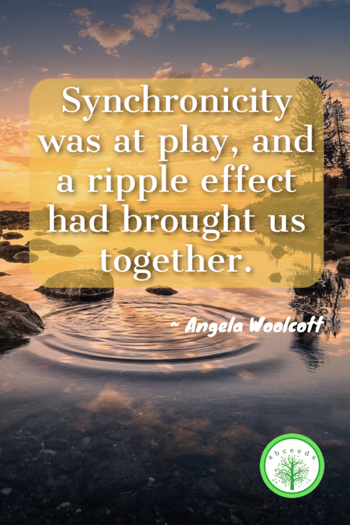 Picture of water rippling in a river, with rocks and quote 'Synchronicity was at play, and a ripple effect had brought us together.' from ABCeeds blog. AI generated image.